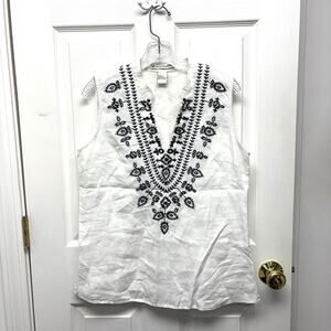David Brooks Blouse White Linen Embroidery Sleeveless Shirt Open Neck Size L